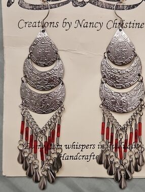 Silver and Red Beaded Dangle Earrings